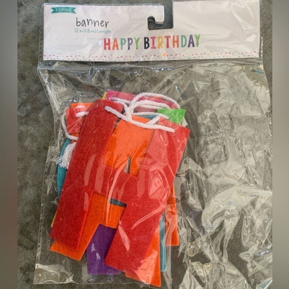 Party Banner, Happy Birthday, 72”, Felt Material, New in Package.